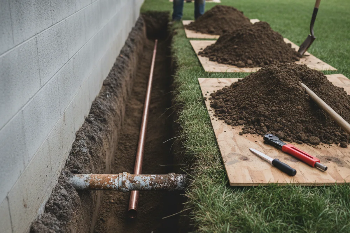 Excavated water line trench during Water Softener Installation in Escondido